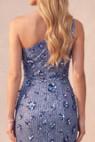 Paillettes blu ardesia Vestito elegante lungo arricciato su una spalla