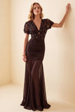 Abito elegante lungo in chiffon con scollo a V marrone marrone e maniche corte