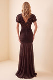 Abito elegante lungo in chiffon con scollo a V marrone marrone e maniche corte