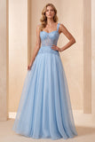 Abito Lungo Elegante Blu A-Line in Chiffon con Paillettes