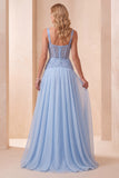 Abito Lungo Elegante Blu A-Line in Chiffon con Paillettes