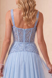 Abito Lungo Elegante Blu A-Line in Chiffon con Paillettes