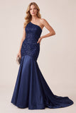 Abito elegante lungo in raso a sirena blu scuro con paillettes su una spalla