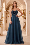 Vestito lungo elegante in organza di velluto senza spalline in stile A-Line blu Scuro