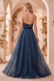 Vestito lungo elegante in organza di velluto senza spalline in stile A-Line blu Scuro