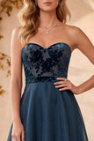 Vestito lungo elegante in organza di velluto senza spalline in stile A-Line blu Scuro