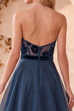 Vestito lungo elegante in organza di velluto senza spalline in stile A-Line blu Scuro