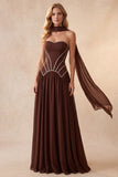 Abito elegante lungo a linea A-Corsetto Coffee con strass