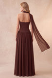 Abito elegante lungo a linea A-Corsetto Coffee con strass