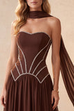 Abito elegante lungo a linea A-Corsetto Coffee con strass
