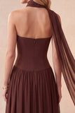 Abito elegante lungo a linea A-Corsetto Coffee con strass