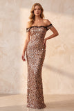 Abito elegante lungo da sirena kaki a spalle scoperte con paillettes