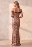 Abito elegante lungo da sirena kaki a spalle scoperte con paillettes