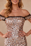 Abito elegante lungo da sirena kaki a spalle scoperte con paillettes