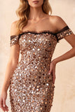 Abito elegante lungo da sirena kaki a spalle scoperte con paillettes