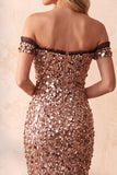 Abito elegante lungo da sirena kaki a spalle scoperte con paillettes
