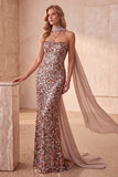 Abito elegante lungo senza spalline con paillettes kaki e fascia di chiffon drappeggiata