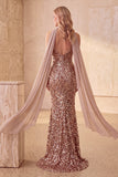 Abito elegante lungo senza spalline con paillettes kaki e fascia di chiffon drappeggiata