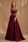 Abito lungo sera in raso in A-line bordeaux con paillettes