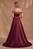 Abito lungo sera in raso in A-line bordeaux con paillettes