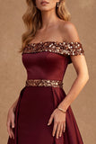 Abito lungo sera in raso in A-line bordeaux con paillettes