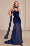 Vestito elegante lungo a fiori floreali in velluto sirena blu navy in velluto di sirena