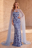 Vestito elegante a spalline Blu Slate Blu Sirena Floreale Lungo Elegante con Mantello