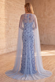 Vestito elegante a spalline Blu Slate Blu Sirena Floreale Lungo Elegante con Mantello
