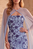 Vestito elegante a spalline Blu Slate Blu Sirena Floreale Lungo Elegante con Mantello