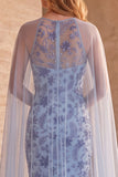 Vestito elegante a spalline Blu Slate Blu Sirena Floreale Lungo Elegante con Mantello