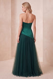 Abito lungo elegante verde scuro in tulle senza spalline in raso con perline