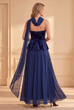 Abito lungo elegante in chiffon stampato in velluto blu scuro in velluto A-line