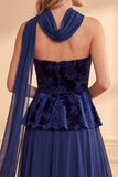 Abito lungo elegante in chiffon stampato in velluto blu scuro in velluto A-line