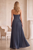 Abito da invitate lungo piegato senza spalline grigio blu in chiffon a linea A con pizzo