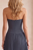 Abito da invitate lungo piegato senza spalline grigio blu in chiffon a linea A con pizzo