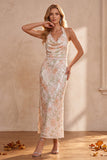 Abito da invitata al matrimonio midi con paillettes scollo halter a guaina color avorio e pizzo