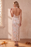 Abito da invitata al matrimonio midi con paillettes scollo halter a guaina color avorio e pizzo