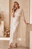 Abito da invitate Maxi con scollo battuto in priva d'avorio e mantello di chiffon