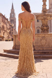 Corsetto dorato a spalle scoperte paillettes abito da cerimonia  lungo da sirena con fessura