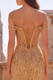 Corsetto dorato a spalle scoperte paillettes abito da cerimonia  lungo da sirena con fessura