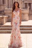 Fiore rosa sirena con paillettes ricamato spalline con lunghe abito da cerimonia