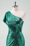 Verde scuro metallizzato una spalla sirena Cocktail Dress con volant