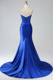 Royal Blue Mermaid senza spalline lungo corsetto Prom Dress con fessura