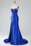 Royal Blue Mermaid senza spalline lungo corsetto Prom Dress con fessura