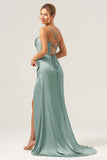Sage Mermaid Spaghetti Straps Corsetto Abito da damigella d'onore in raso con fessura