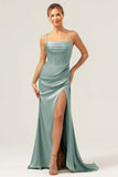 Sage Mermaid Spaghetti Straps Corsetto Abito da damigella d'onore in raso con fessura