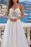 Corsetto bianco con spalline spaghetti Abito da sposa in tulle applicato di linea