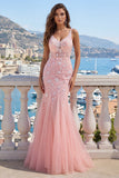 Abito rosa da cerimonia in tulle applicato sirena a V