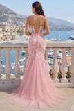 Abito rosa da cerimonia in tulle applicato sirena a V