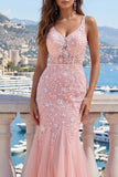 Abito rosa da cerimonia in tulle applicato sirena a V
